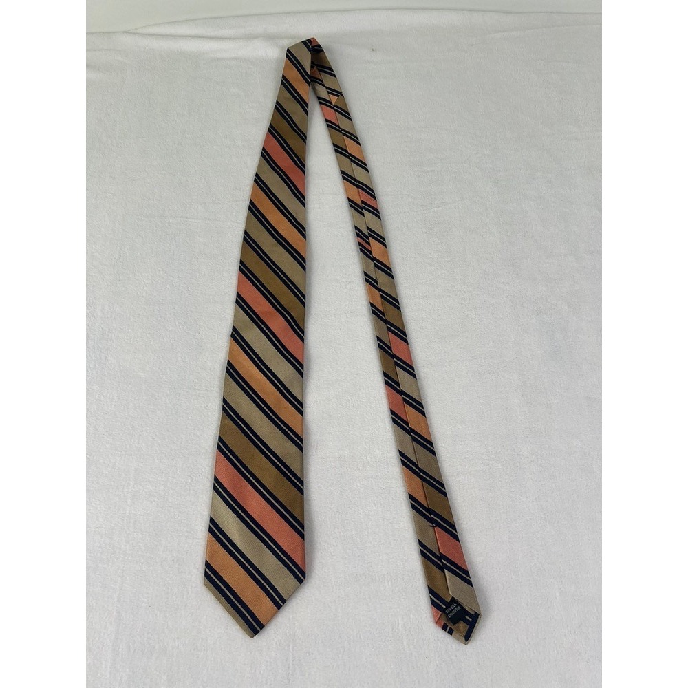 Ike Behar Necktie Mens OS Gold Orange Navy Blue Striped Silk Cotton Blend Tie